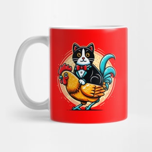 Tuxedo Cat on a Chicken Funny Mug